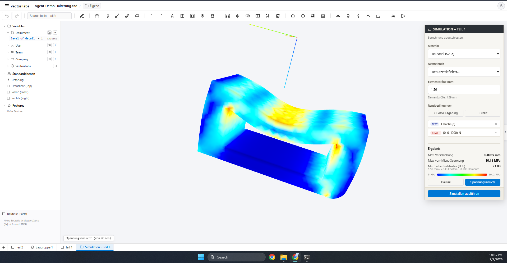 Vectorilabs app showing a solved von Mises stress simulation on a bracket part, with material, mesh, and boundary-condition panels